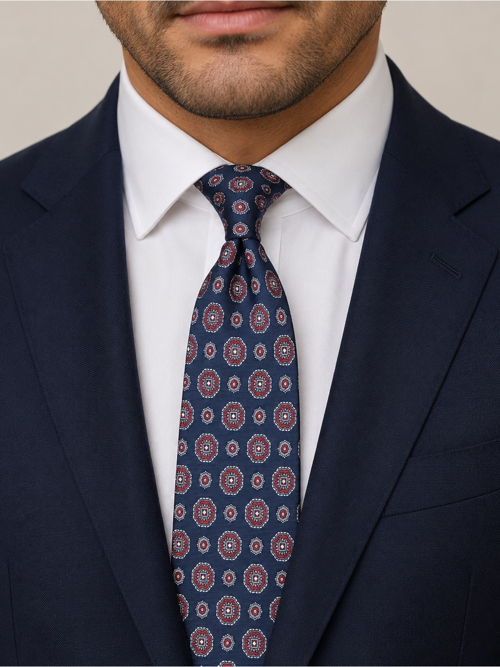 Hardy Amies Navy and Red Medallion Silk Tie